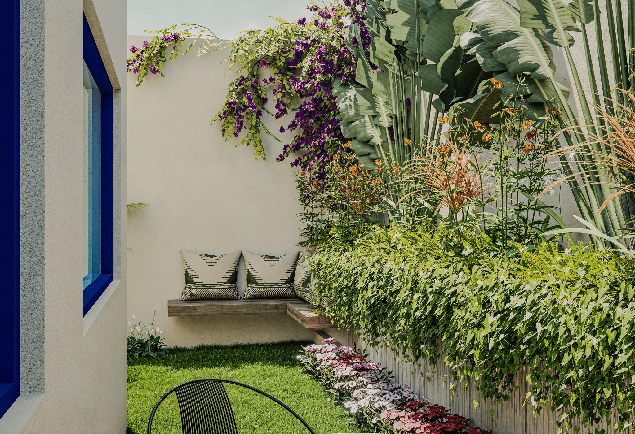 landscape render of Villa Moira, a garden courtyard and pergola